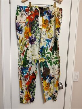 Paper white linen blend Tropical Floral Print Lightweight Pants size 16